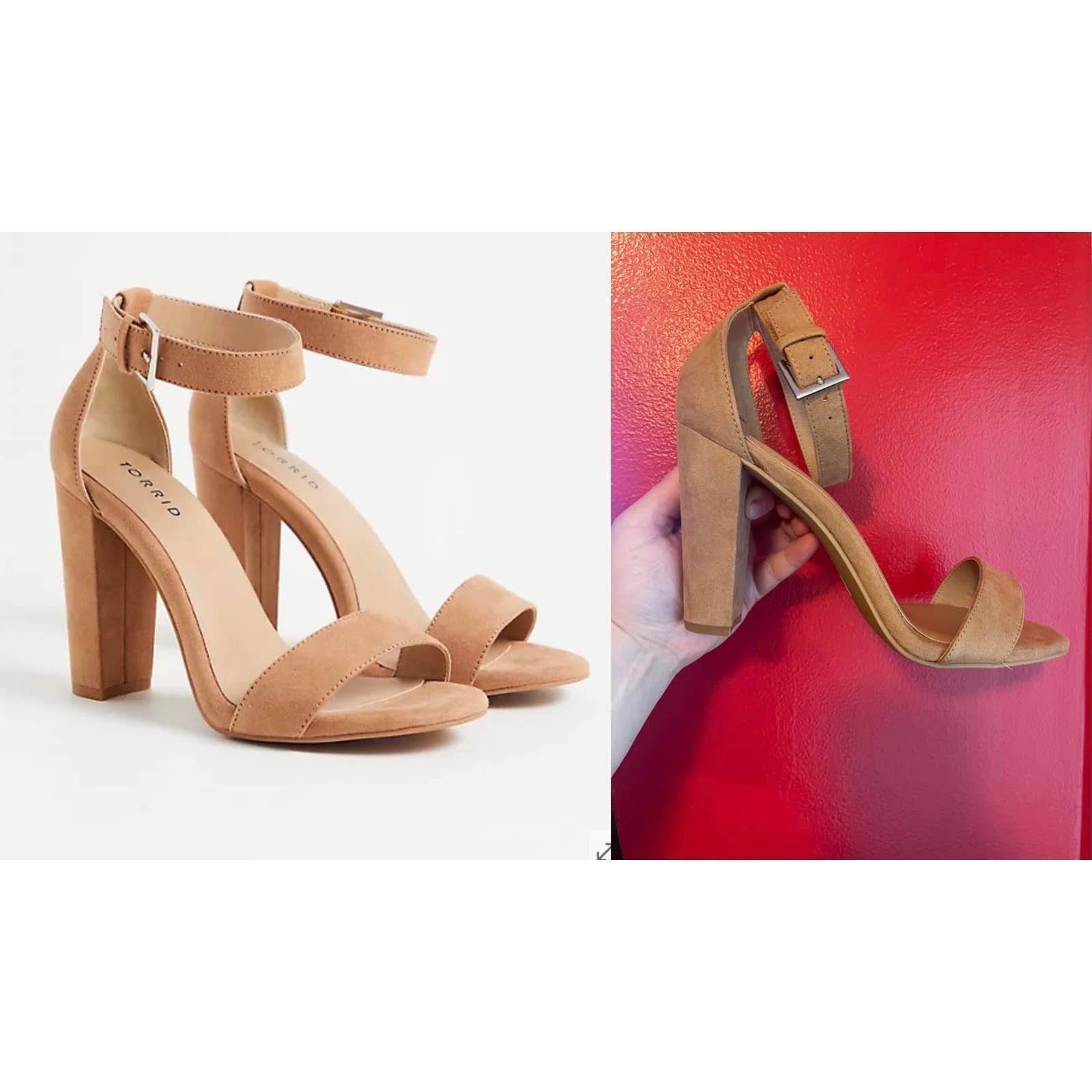 New Torrid 10.5WW Light Brown Faux Suede Tapered 4 Heels w/Ankle Strap