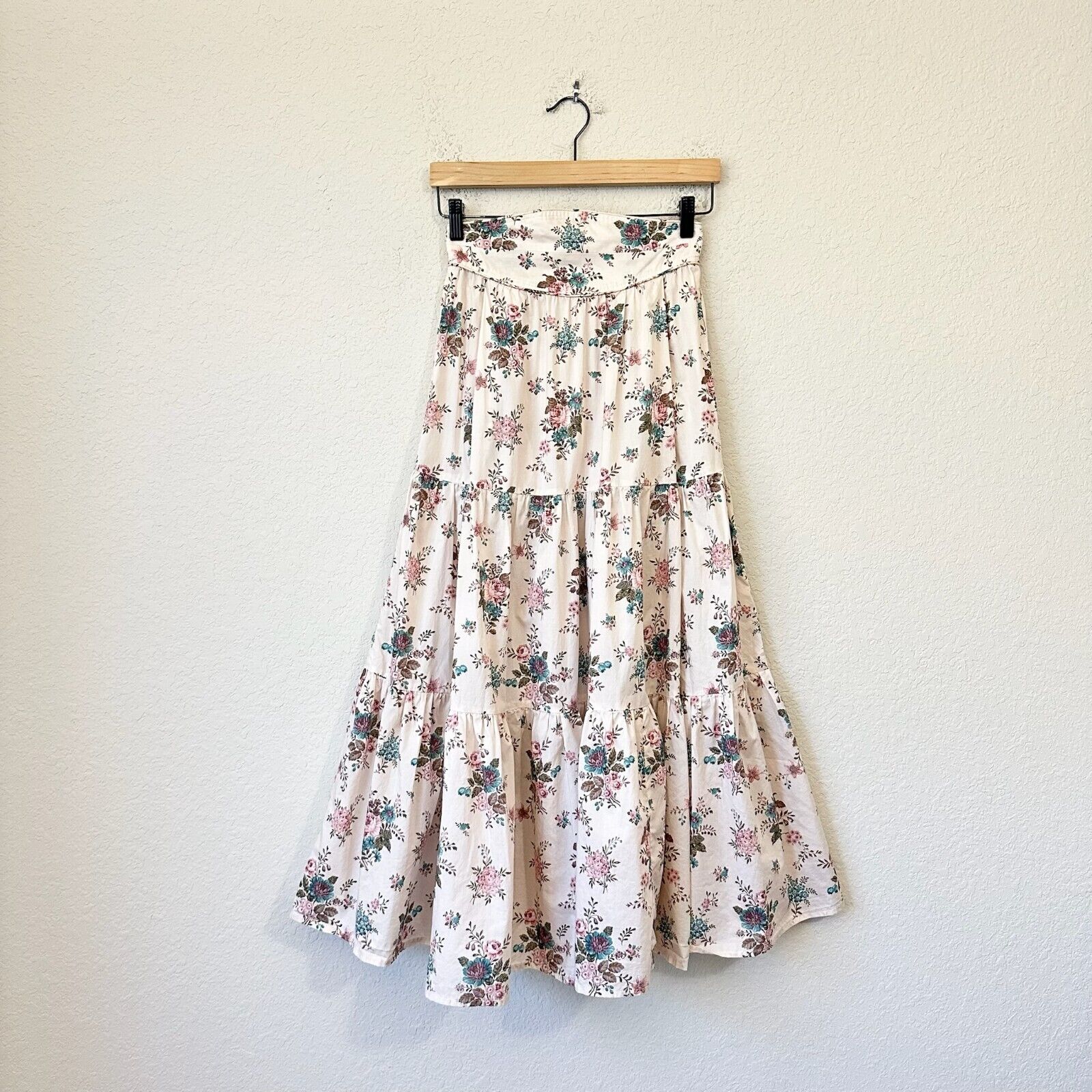 ANNA MASON Maxi Skirt Beige Floral Tiered Flare Cotton Peasant Fairy