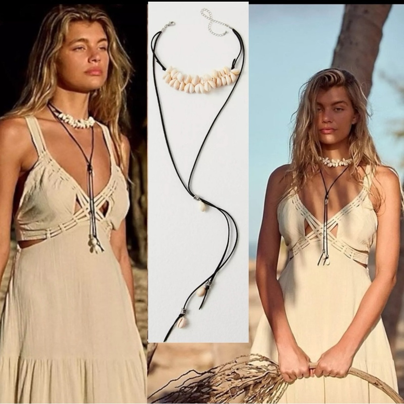 Free People Katie Leather Shell Choker NWT Layered Necklace Beach Bohemian Surf