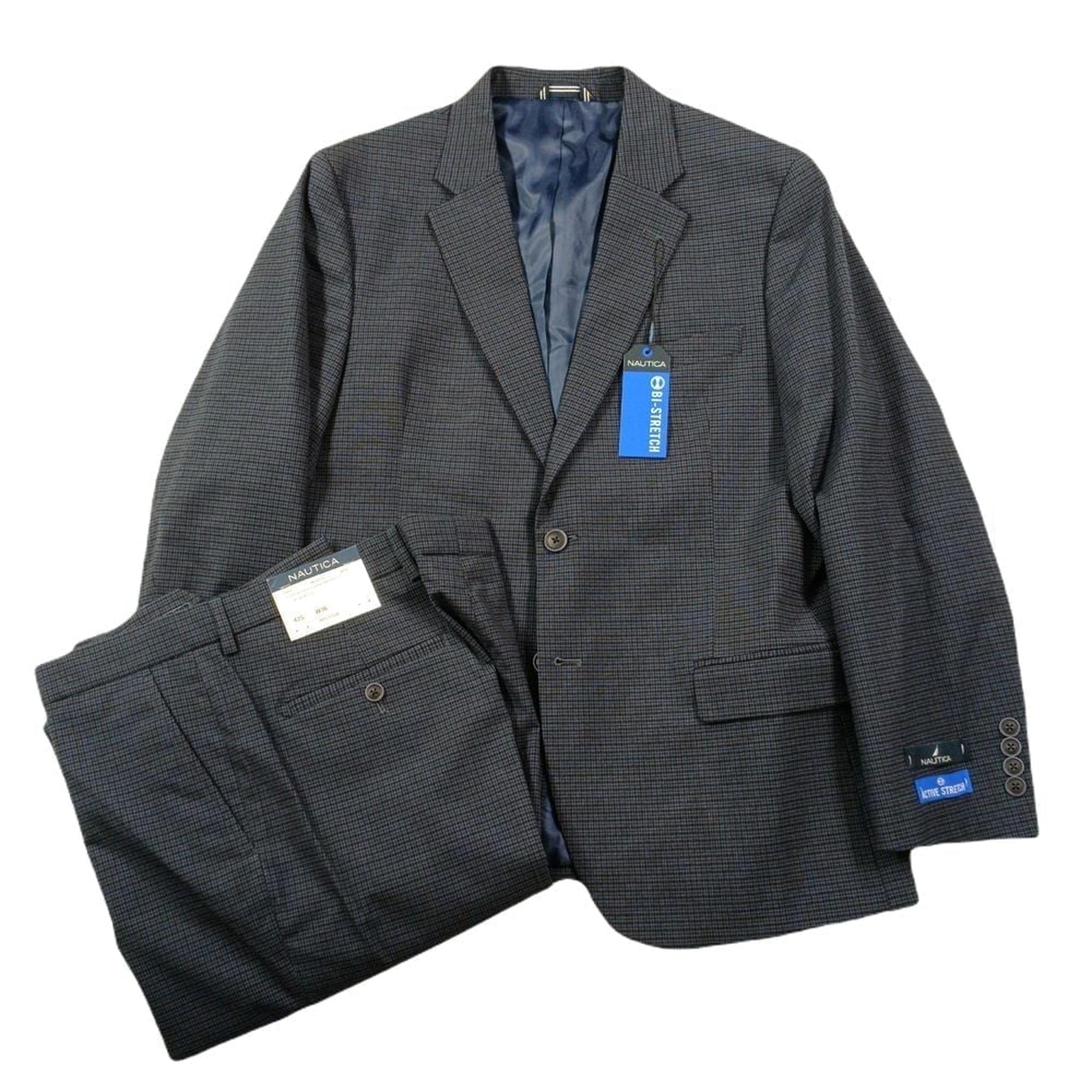 Nautica Suit Mens 42S 2 Piece Pants 36x32 Blue Tick Modern-Fit Bi-Stretch $395