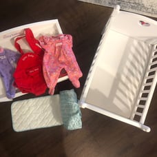 American Girl Bitty Baby Crib, Changing Table, outfits, carrier, diaper bag LOT