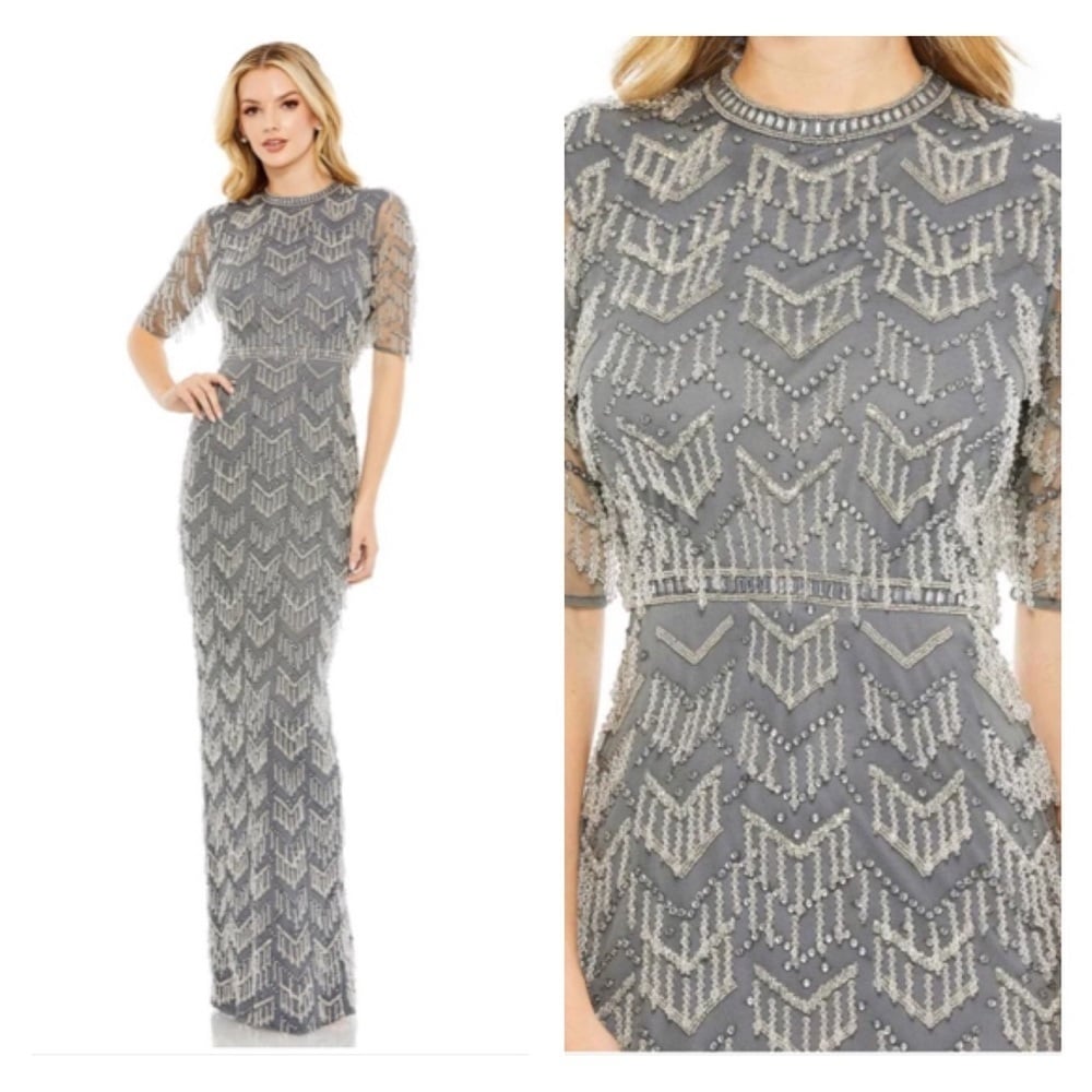 Size 8 Mac Duggal 93804 Size 8 BEADED FRINGE QUARTER SLEEVE COLUMN GOWN