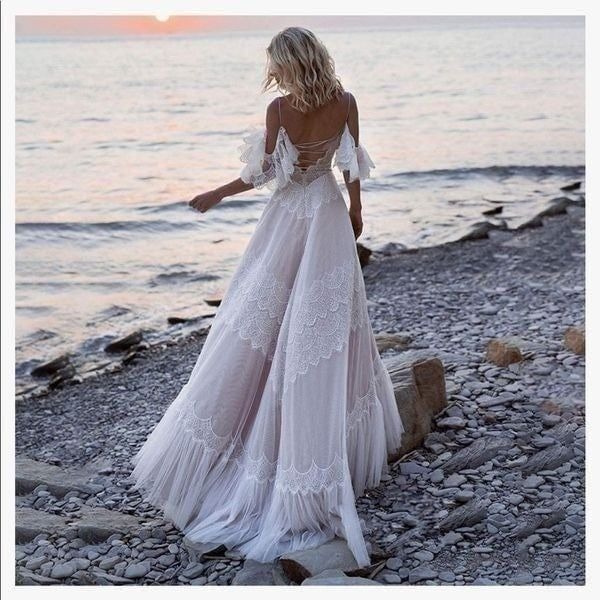 NEW Chic Lace Ruffle Boho Wedding Gown