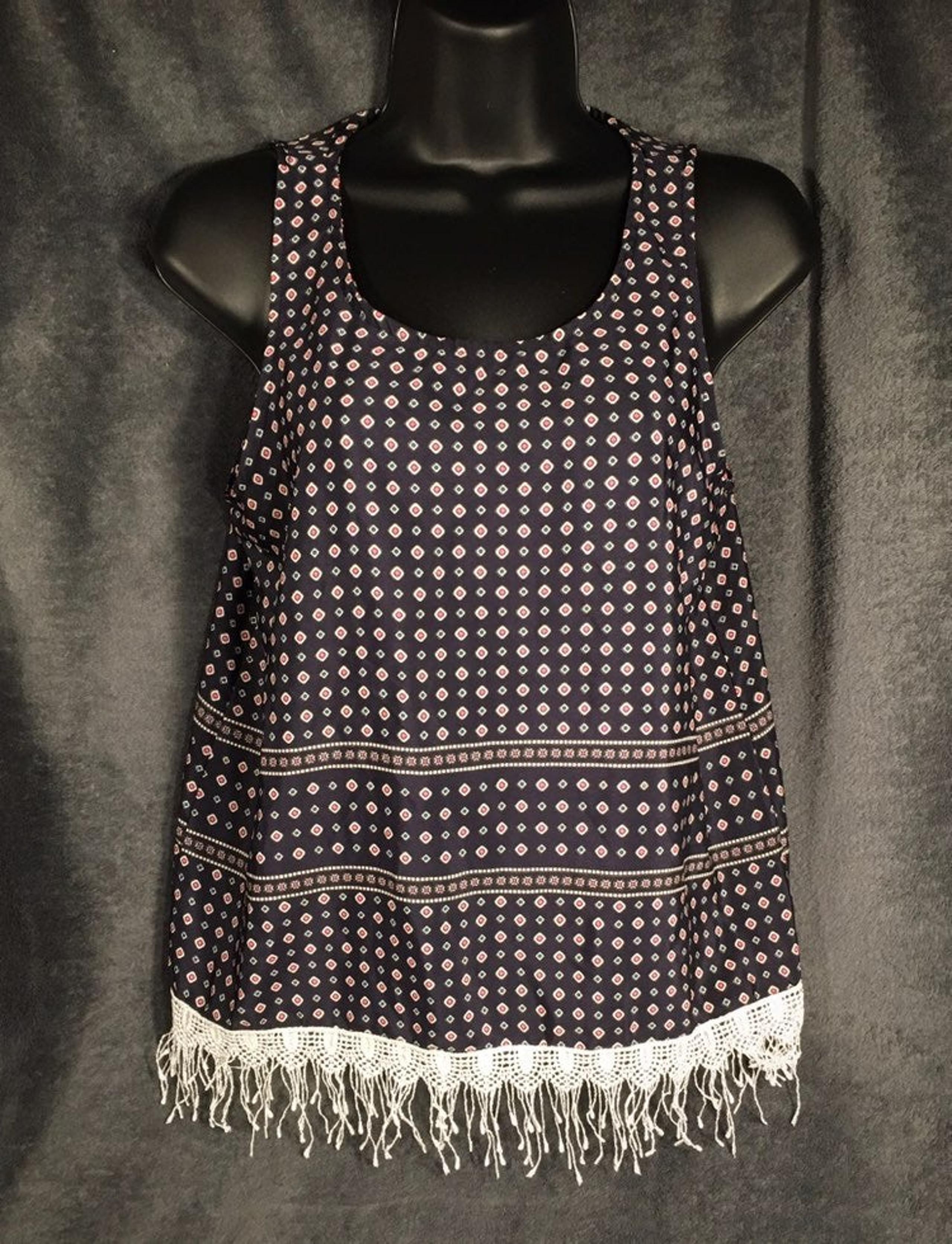 Papaya Fitted Navy Tank with Fringe Trim