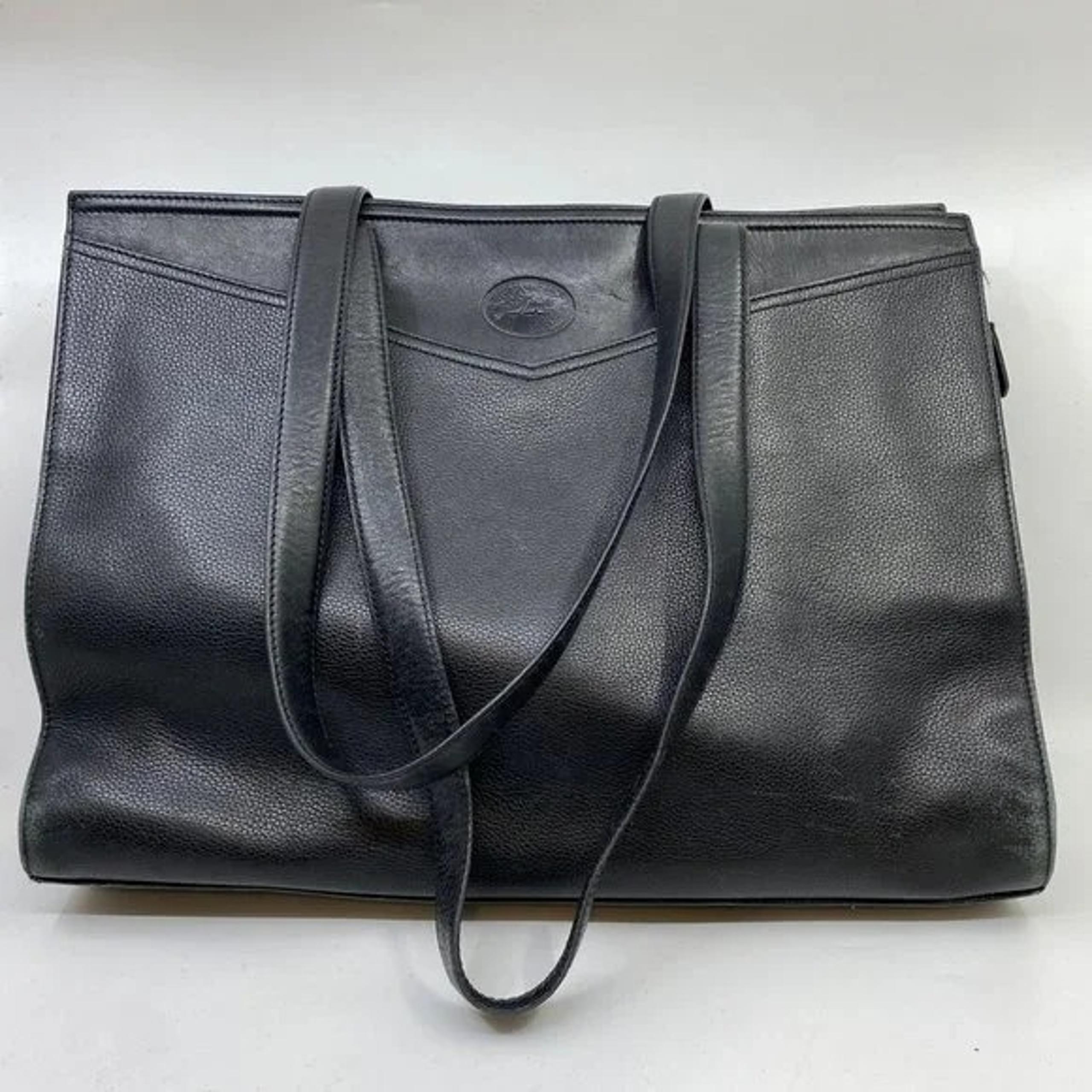 Longchamp Vintage Women's Black Leather Shoulders Strap Bag Size Large Tote