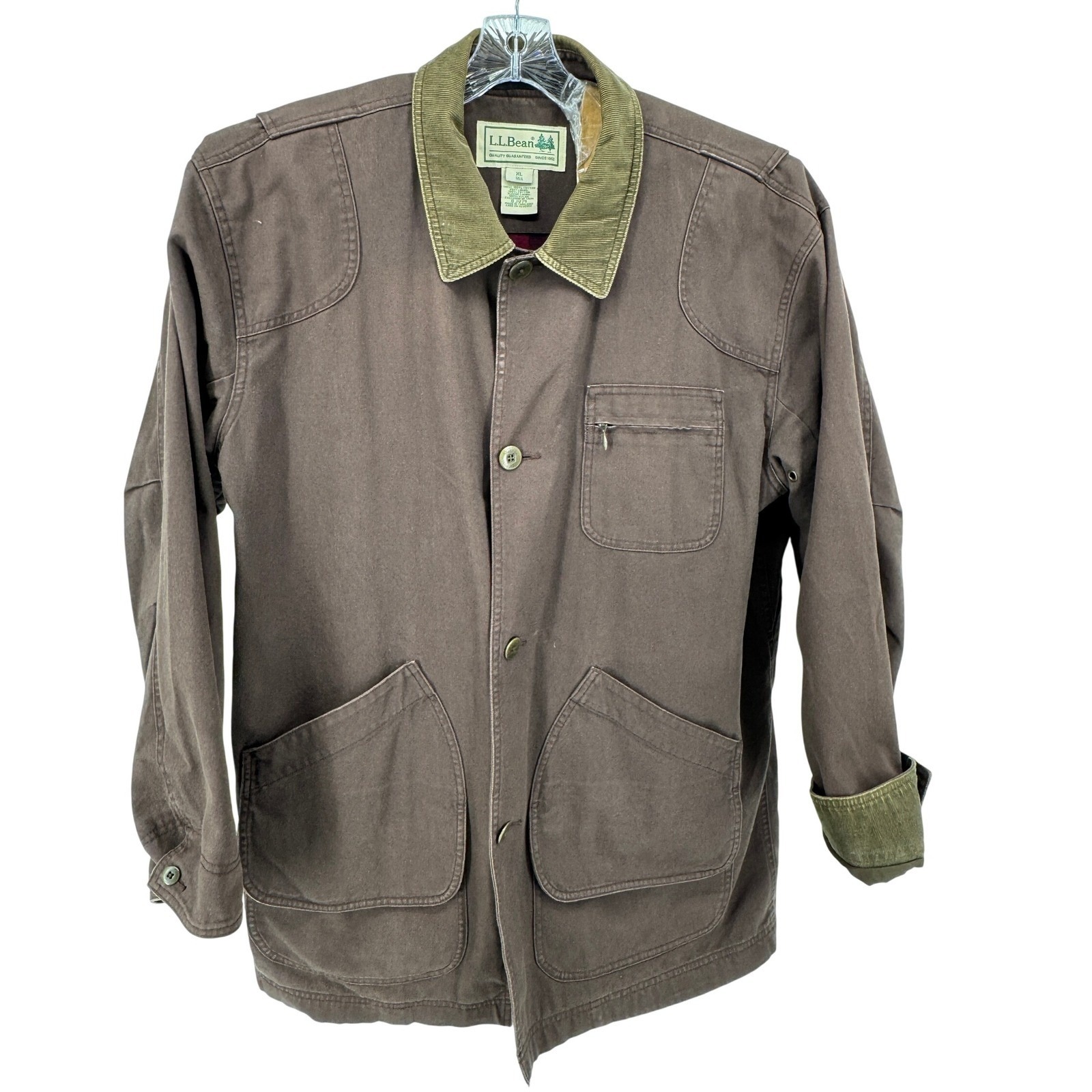 LL Bean Mens chore Barn Coat XL Tall Brown Corduroy Trim Plaid Lined Jacket