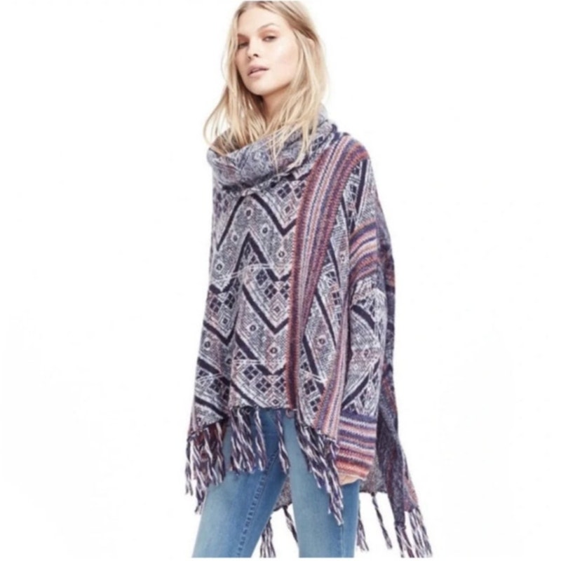 Free People Be The One Poncho Cowl Sweater XS Gray Boho Oversized Artsy Western