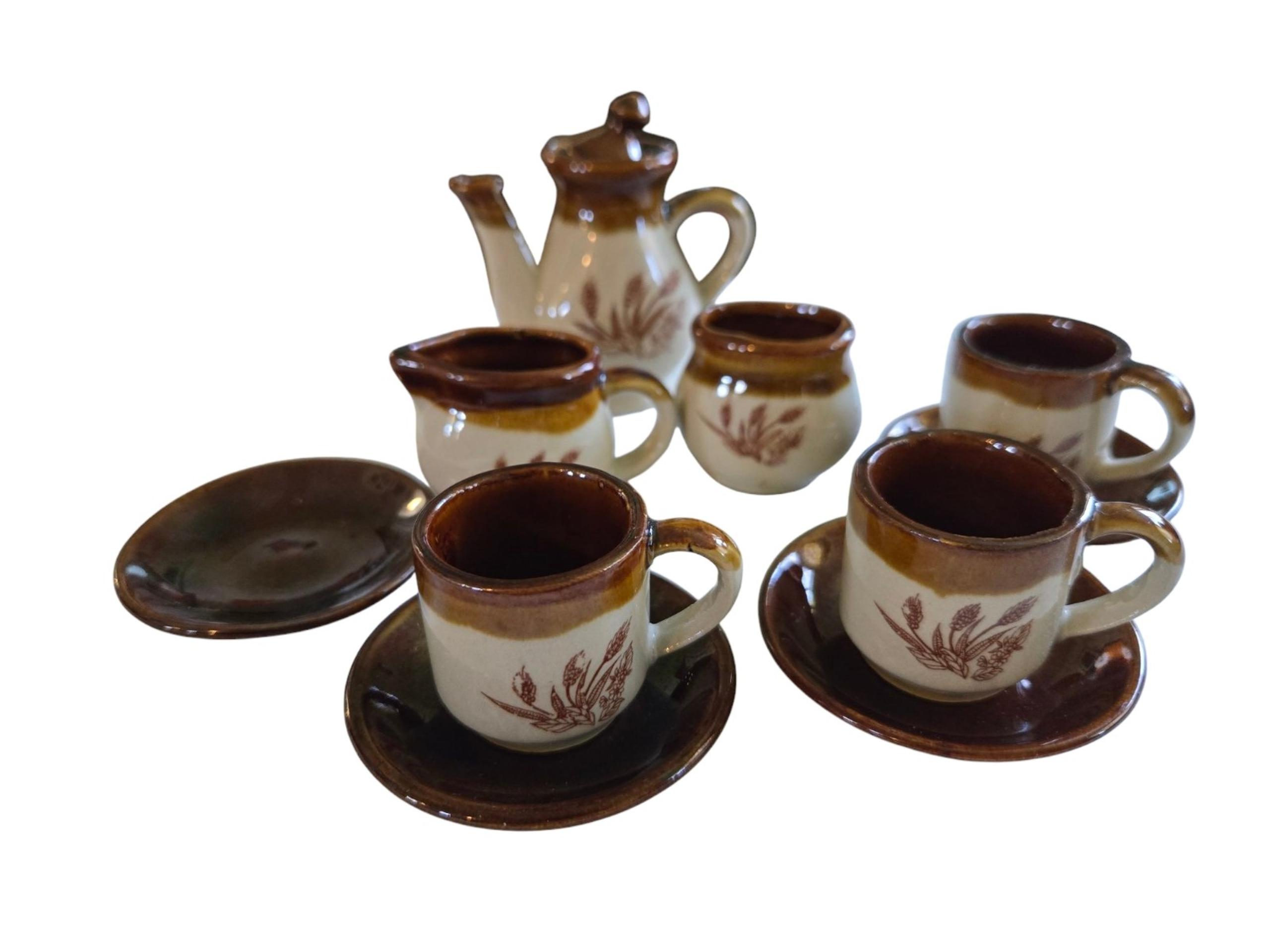 Child’s tea set brown and white stoneware wheat 11 pieces