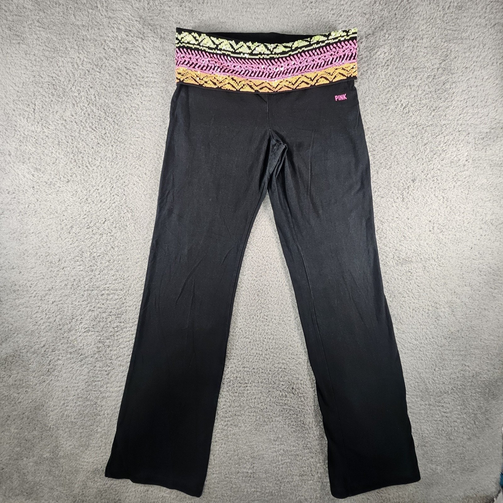 Victoria Secret PINK Foldover Yoga Pants Womens L Boot Rainbow Sequin Y2K Bling