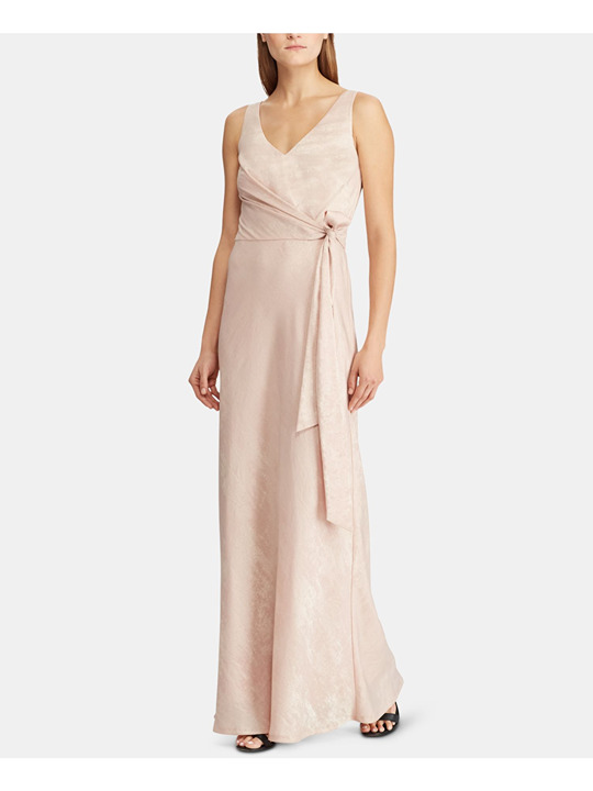 RALPH LAUREN Womens Pink Tie Front Sleeveless V Neck Maxi Evening Sheath Dress