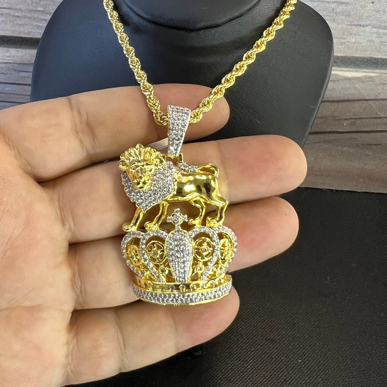 CZ Micro Pave Lion Pendant w/ Rope Chain