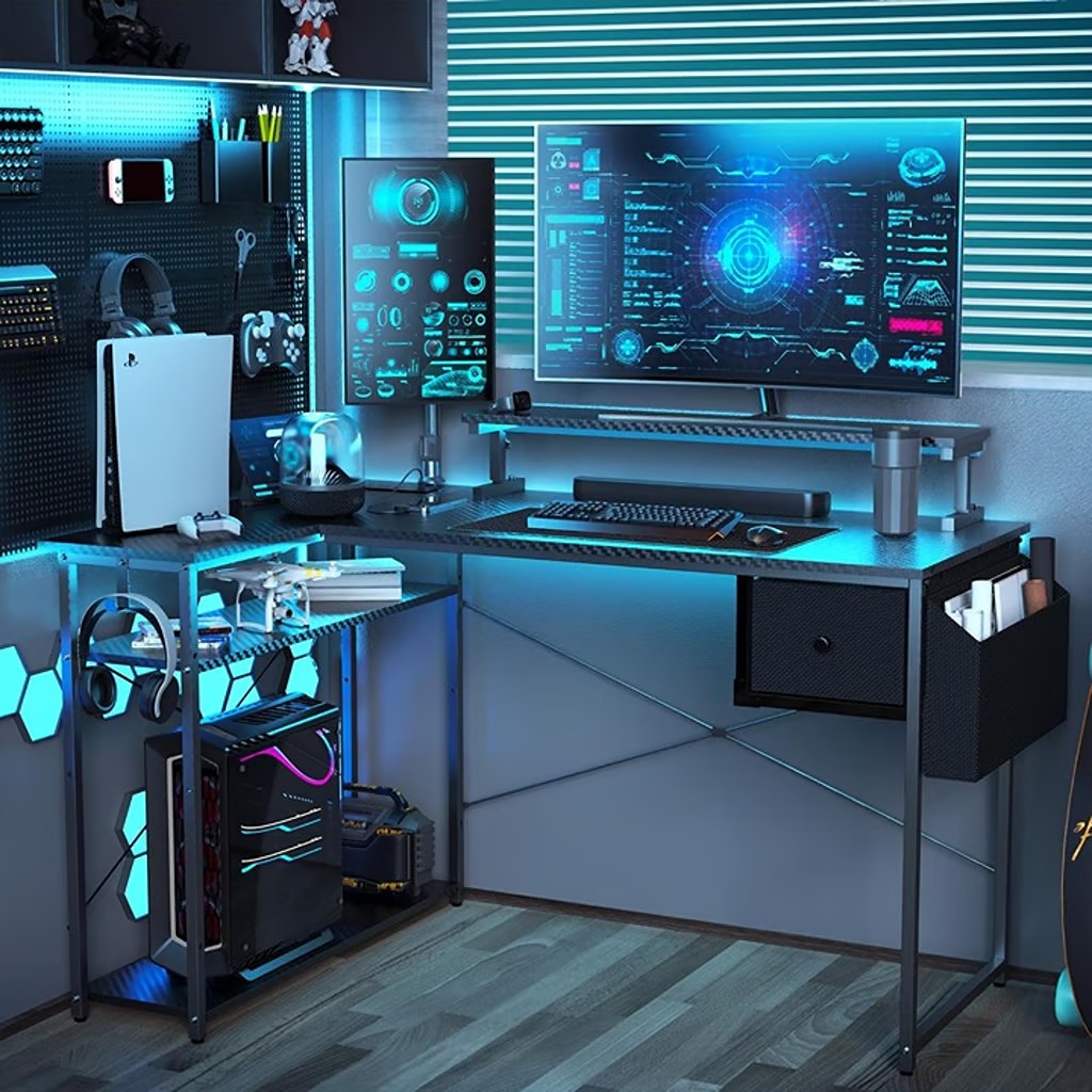 Desk 47 inch L Shaped Gaming Desk, Computer Desk with LED Lights & Adjustable St