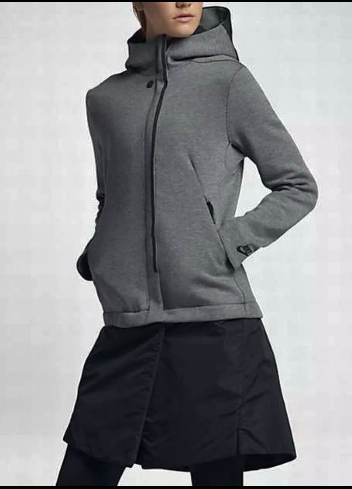 Large- NIKE Sportswear Tech Fleece Hooded Long Grey Black Jacket Womens 240