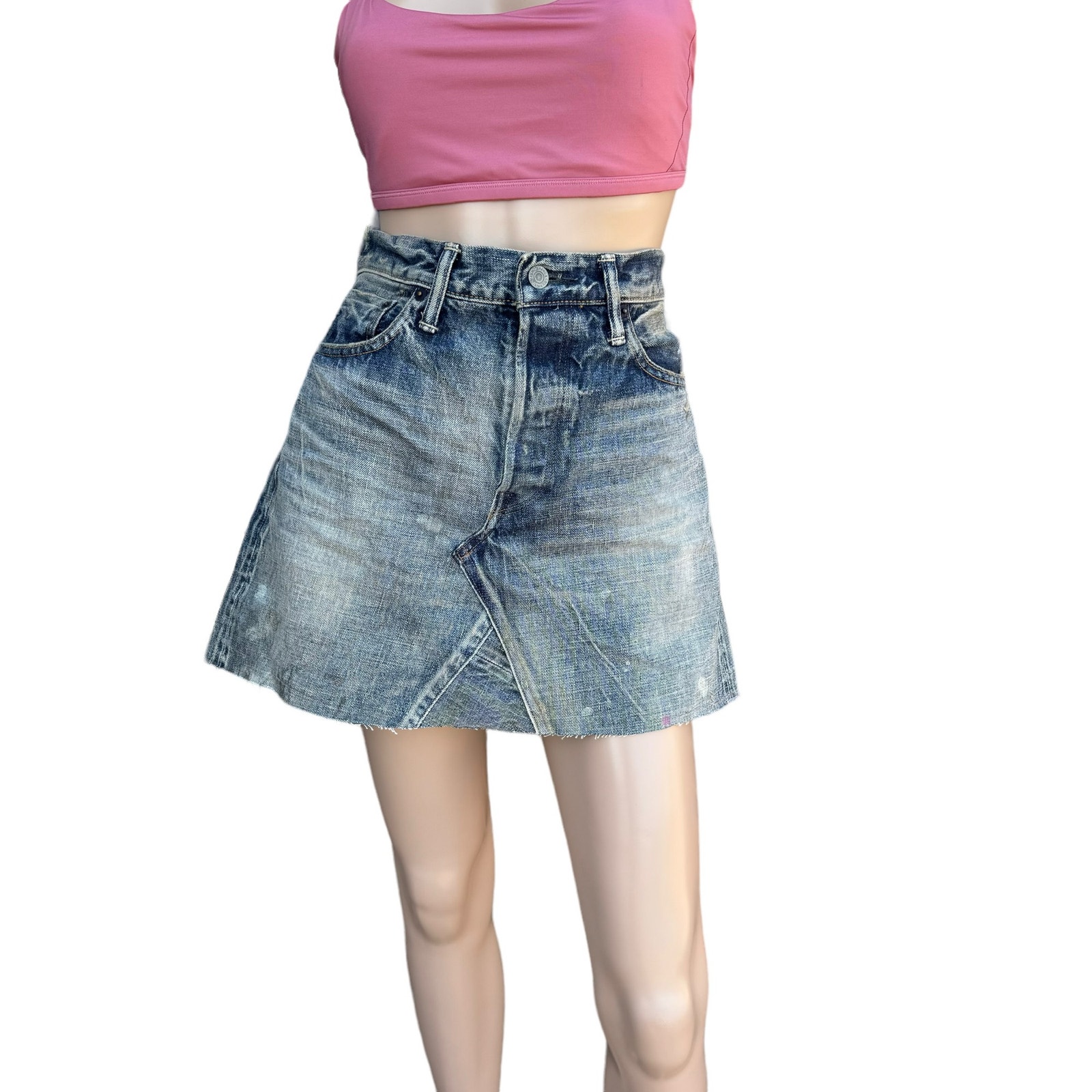 New Fabric Brand & Co Dirty Wash Selvedge Distressed Jean Denim Mini Skirt 29/34