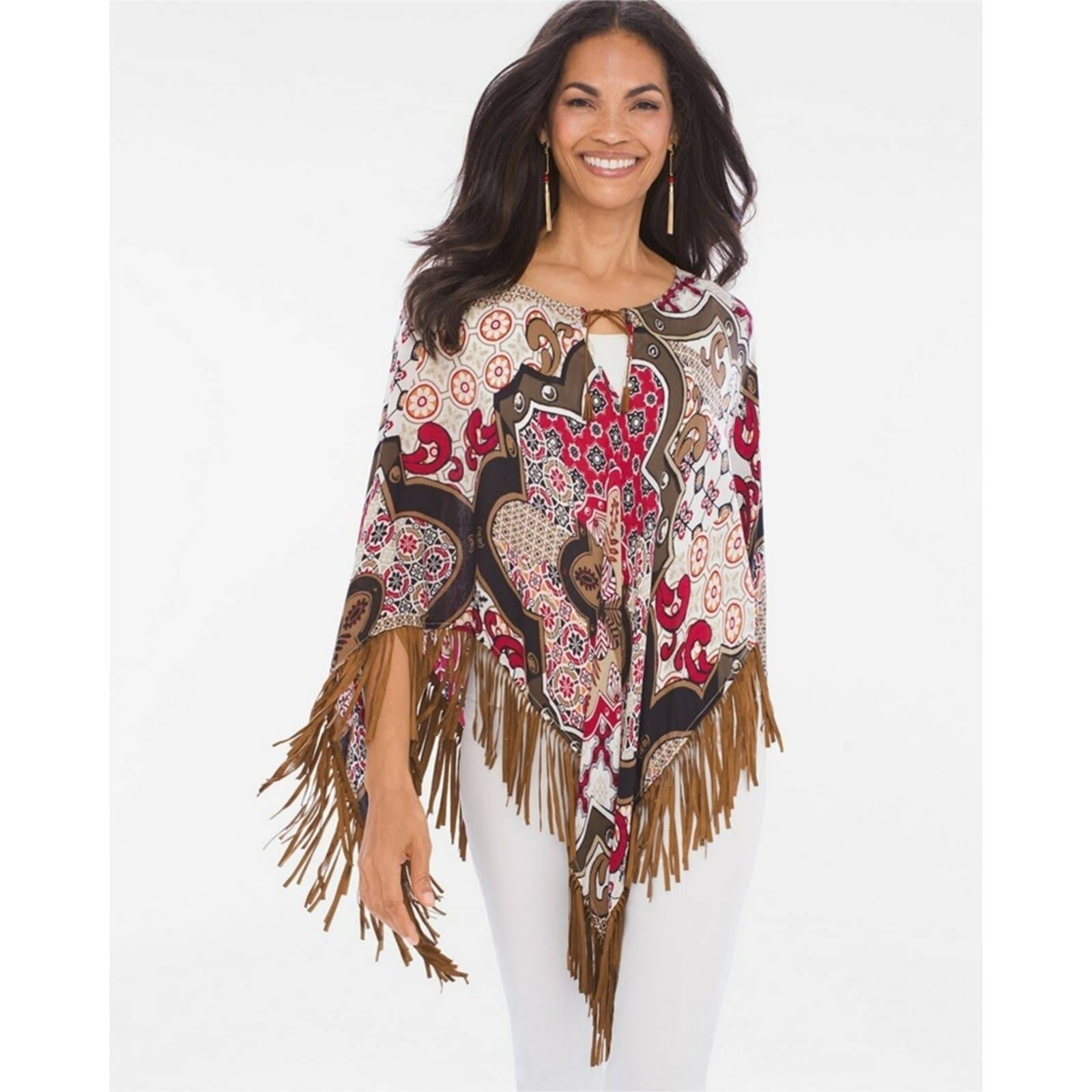 Chico's PRINTED FRINGE-DETAIL PONCHO