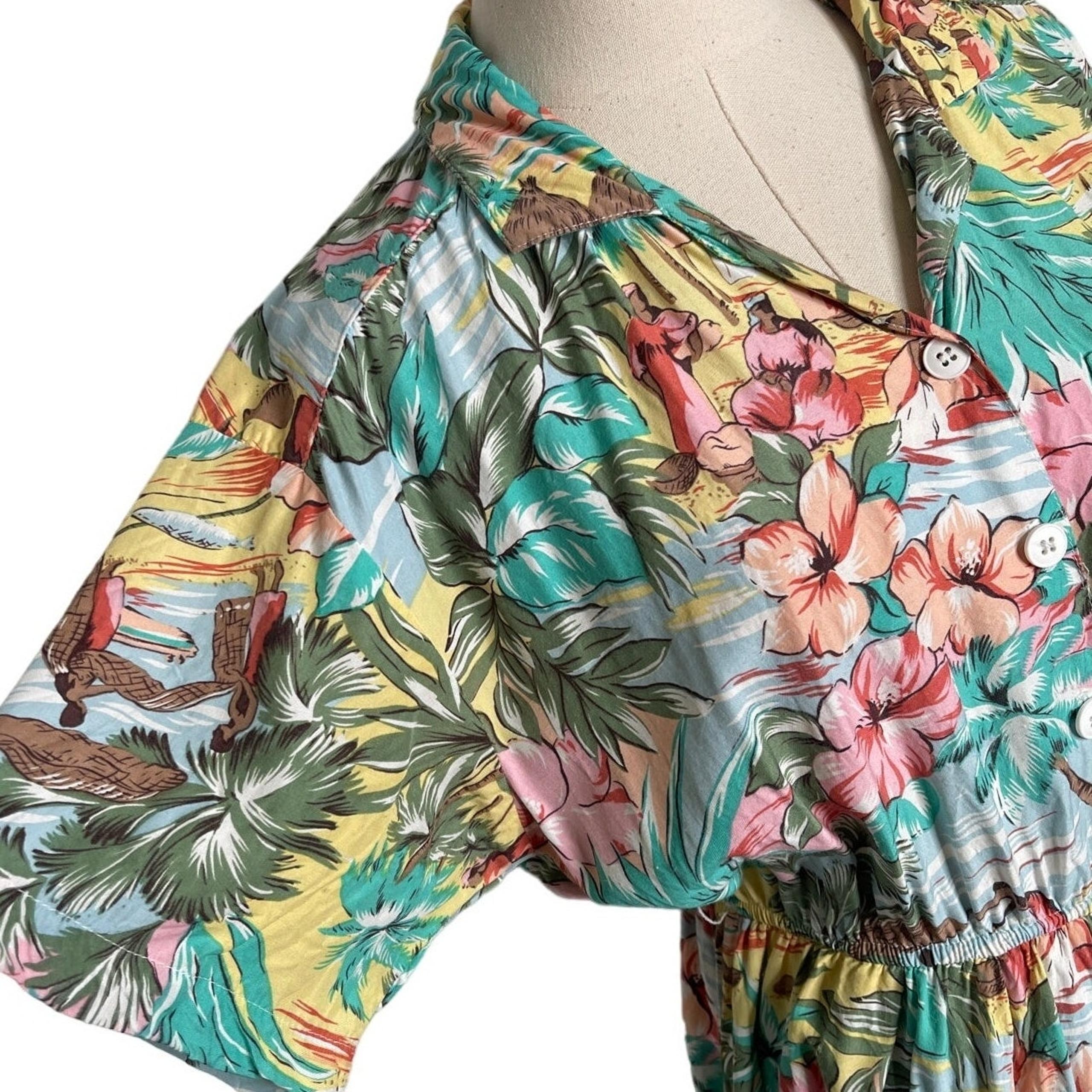 Vintage 1980s Womans M Carol Anderson Hawaiian Tropical Print Shirt Dress Bright