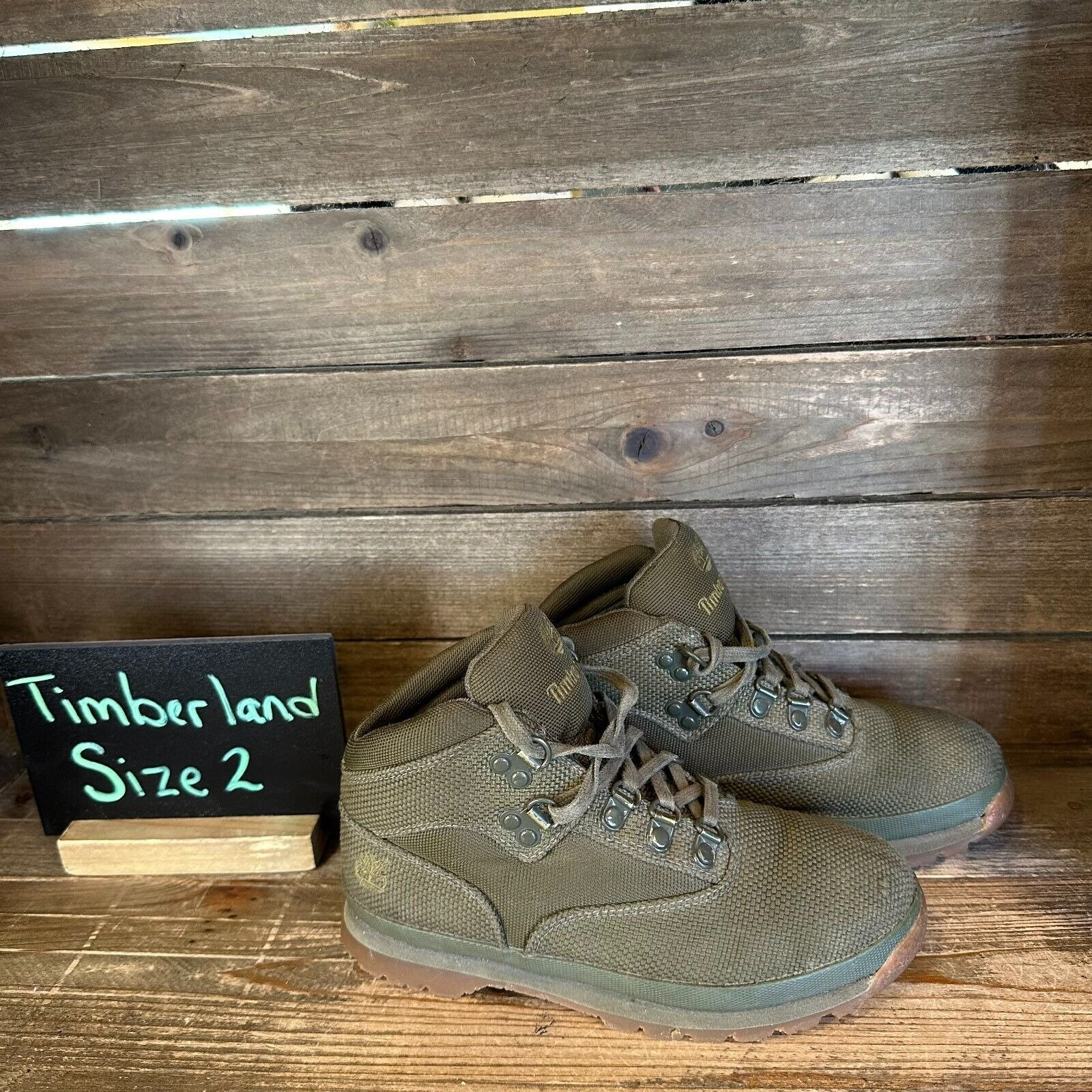 Kids Timberland Euro Hiker Cordura Olive Green Mid Hiking Boots Shoes Size 2 Y