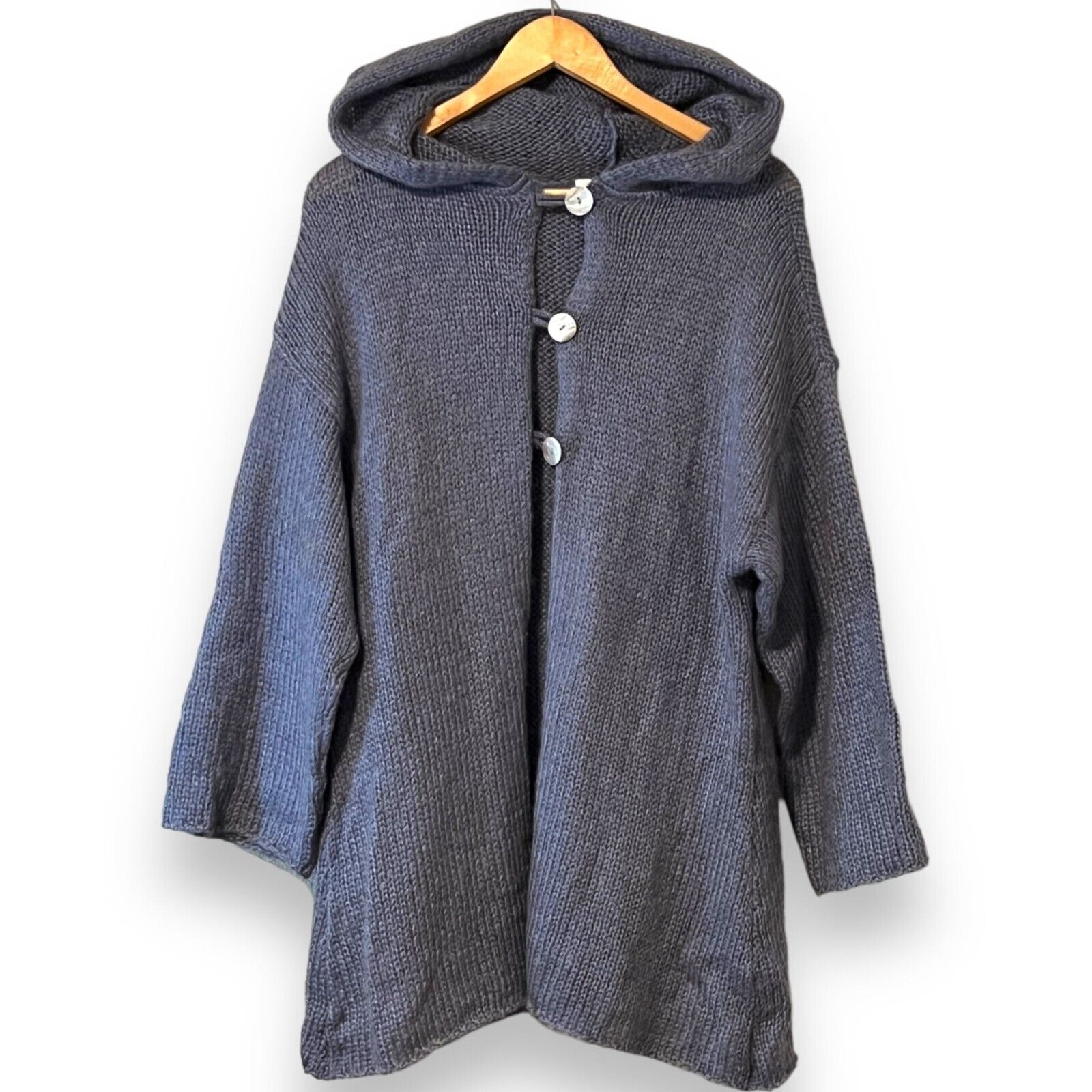 Soft Surroundings Blue Chunky Knit Hooded Cardigan Sweater Medium Mohair Wool Bl