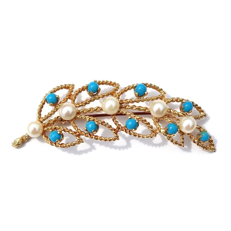 14K Gold Pearl & Turquoise Leaf Brooch