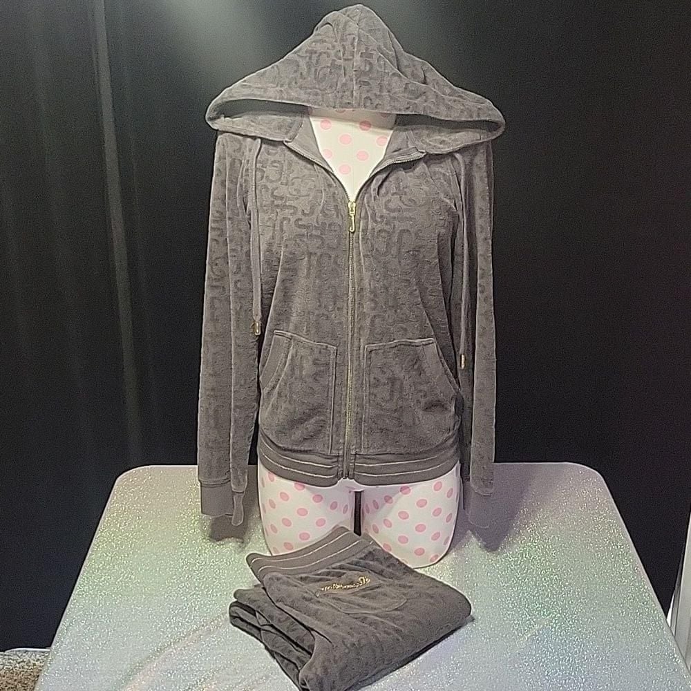 Y2k Vintage Juicy Couture Grey JC Monogram Terrycloth Gold SweatSuit Tracksuit