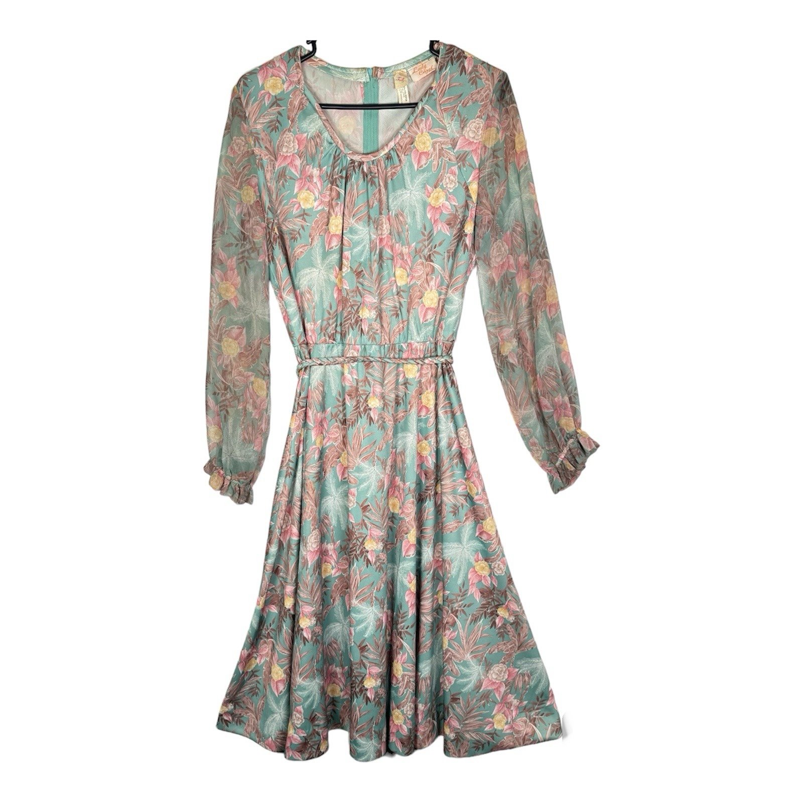 Vintage 70s Floral Midi Dress Elegant Long Sheer Sleeves Braided Tie Waist SMALL