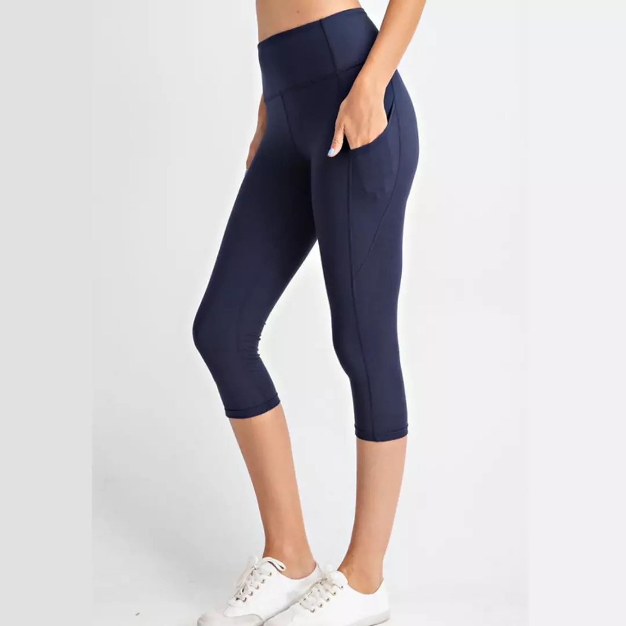 Womens Premium 240GSM Fabric Capri Leggings Phone & Card Pockets L Navy
