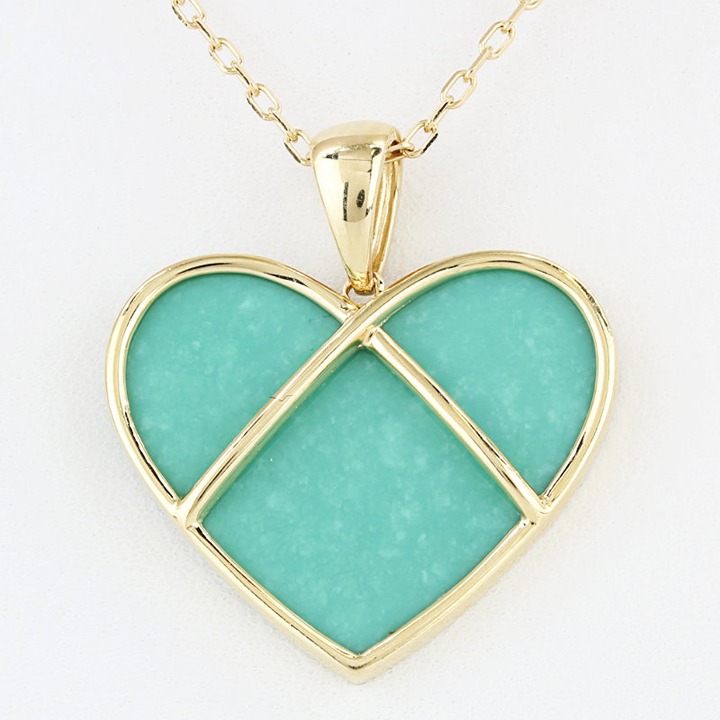 14K Yellow Gold Turquoise Heart Pendant w/ 18 Cable Link Chain Necklace