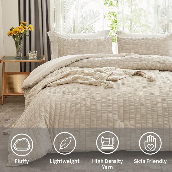 Beige Seersucker Queen Bedding Comforter Set -llr0