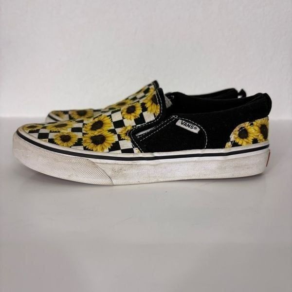 Vans Black & White Checkered with Sunflower Print Slip On Sneaker Shoes Girl's S