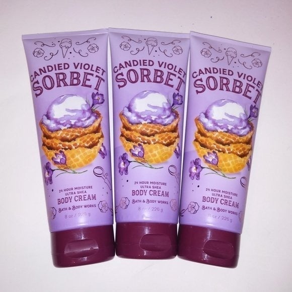 Set of 3 Bath & Body Works Candied Violet Sorbet Body Cream Lotion 8oz Each Mois