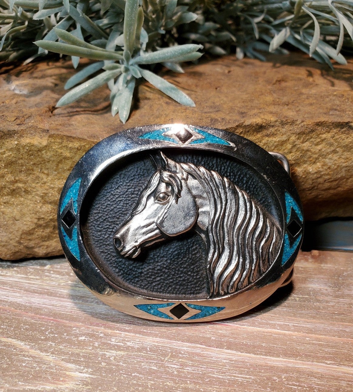 Southwest Turquoise Silver tone Horse Inlay Belt buckle