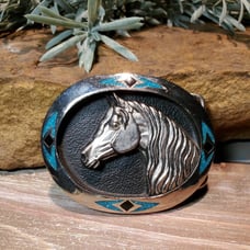Southwest Turquoise Silver tone Horse Inlay Belt buckle