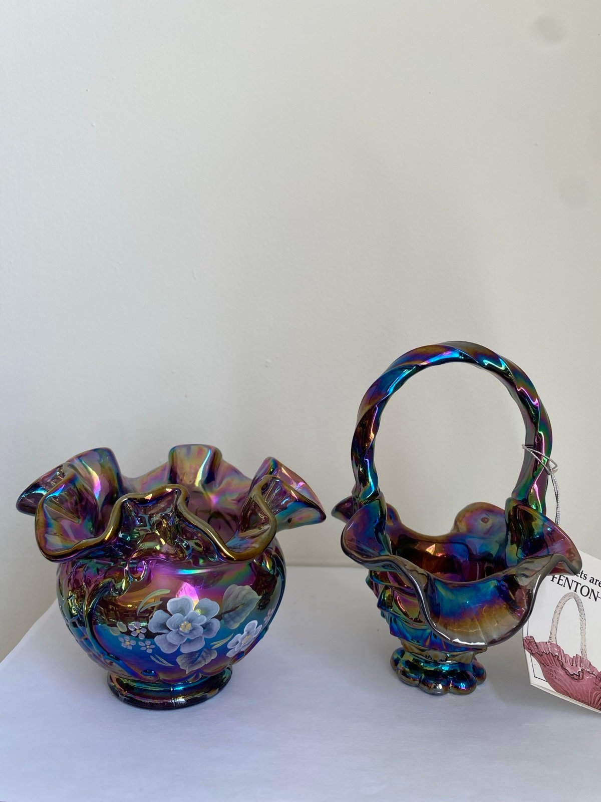 Fenton Hand painted Purple Iridescent Art Glass Vase & Basket