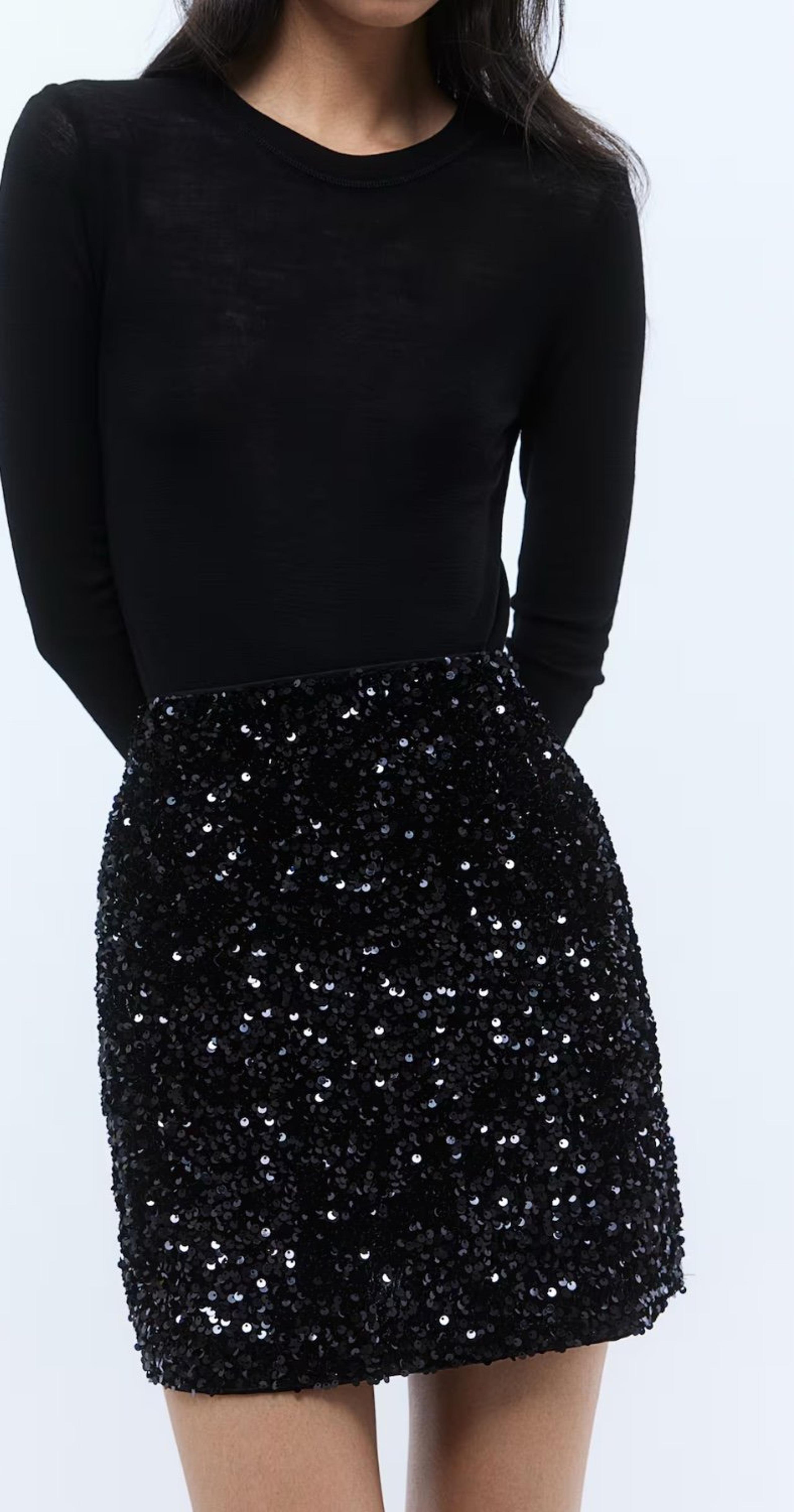 H&M NWOT black velour SEQUINED high waisted MINI SKIRT size 12