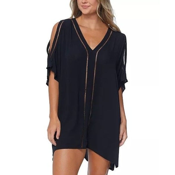 Raisins Swimwear Cover Samba Ladder-Trim Split-Sleeve Caftan Cover-Up Black XL