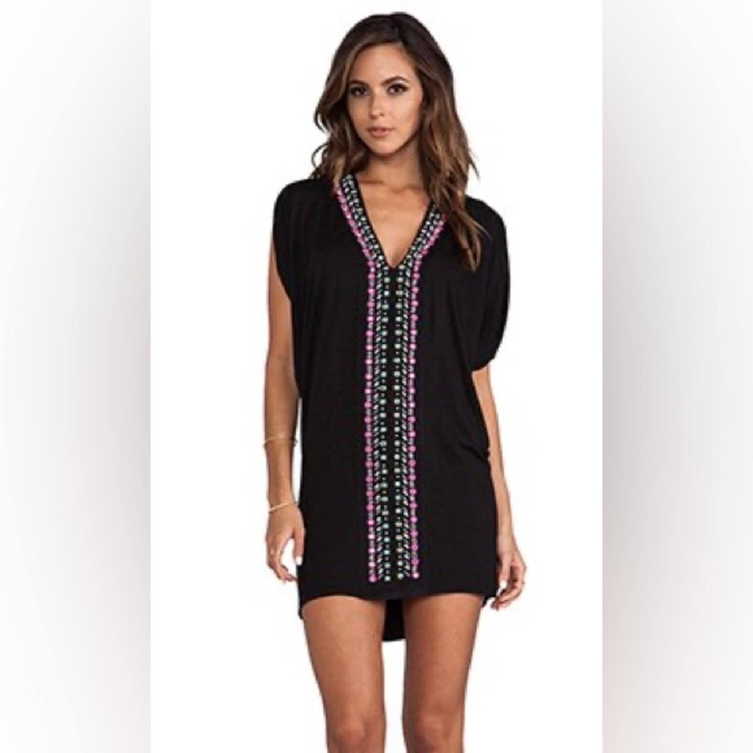 Nanette Lepore Embellished Beaded Tunic Cover Up Black XS Boho Beach Coastal
