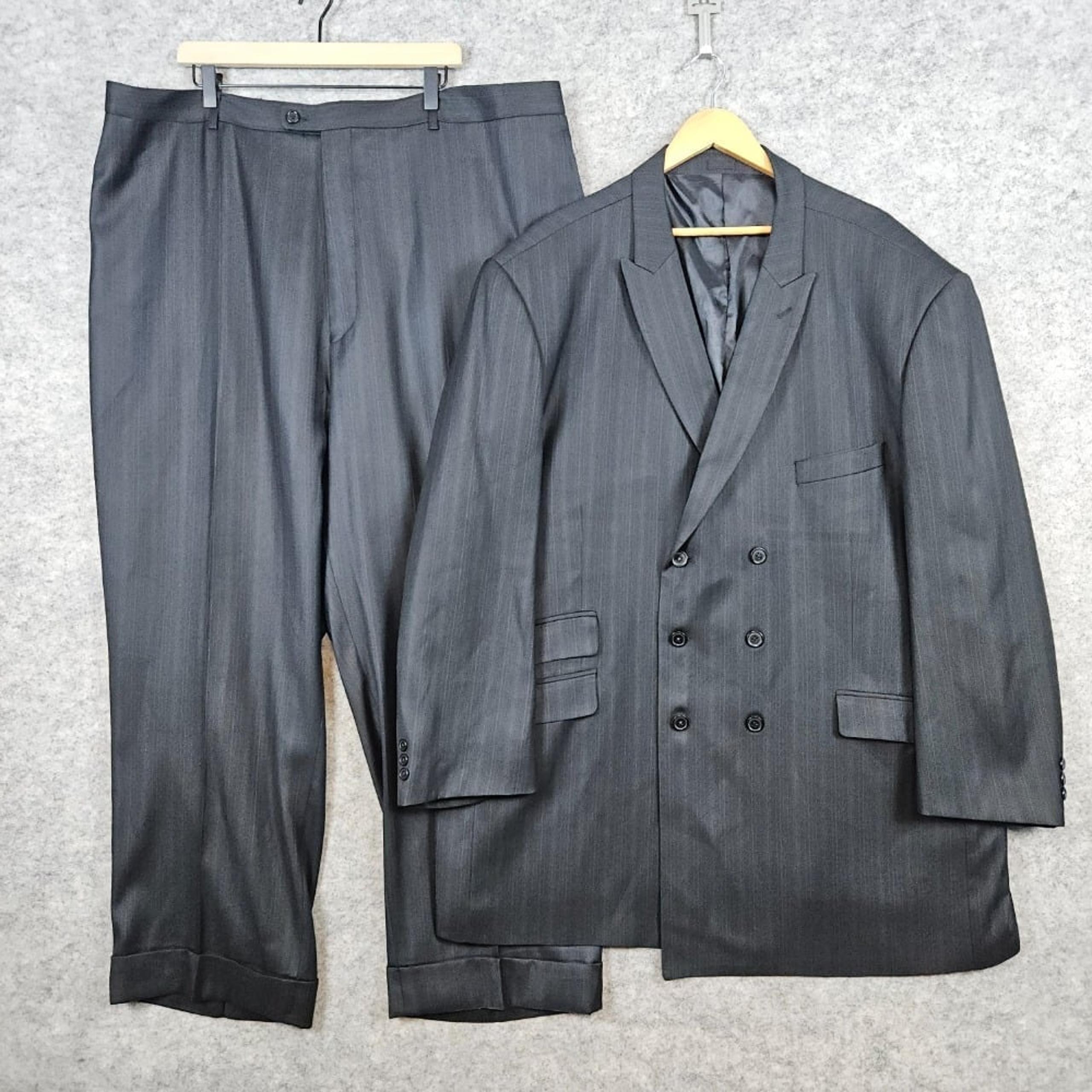 Stacy Adams Gold 2-Pc Suit Charcoal Pinstriped 56L Blazer 45x30.5 Pants Church