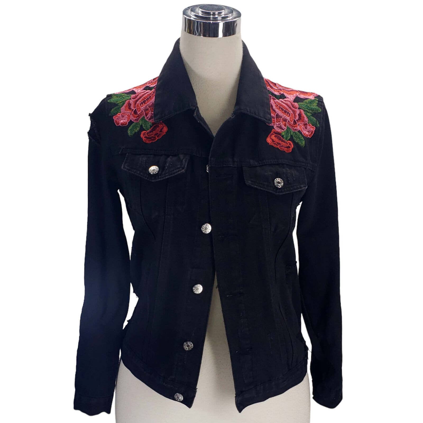 Guess Isabella Rose Distressed Denim Embroidered Jean Denim Jacket , NWT S-M