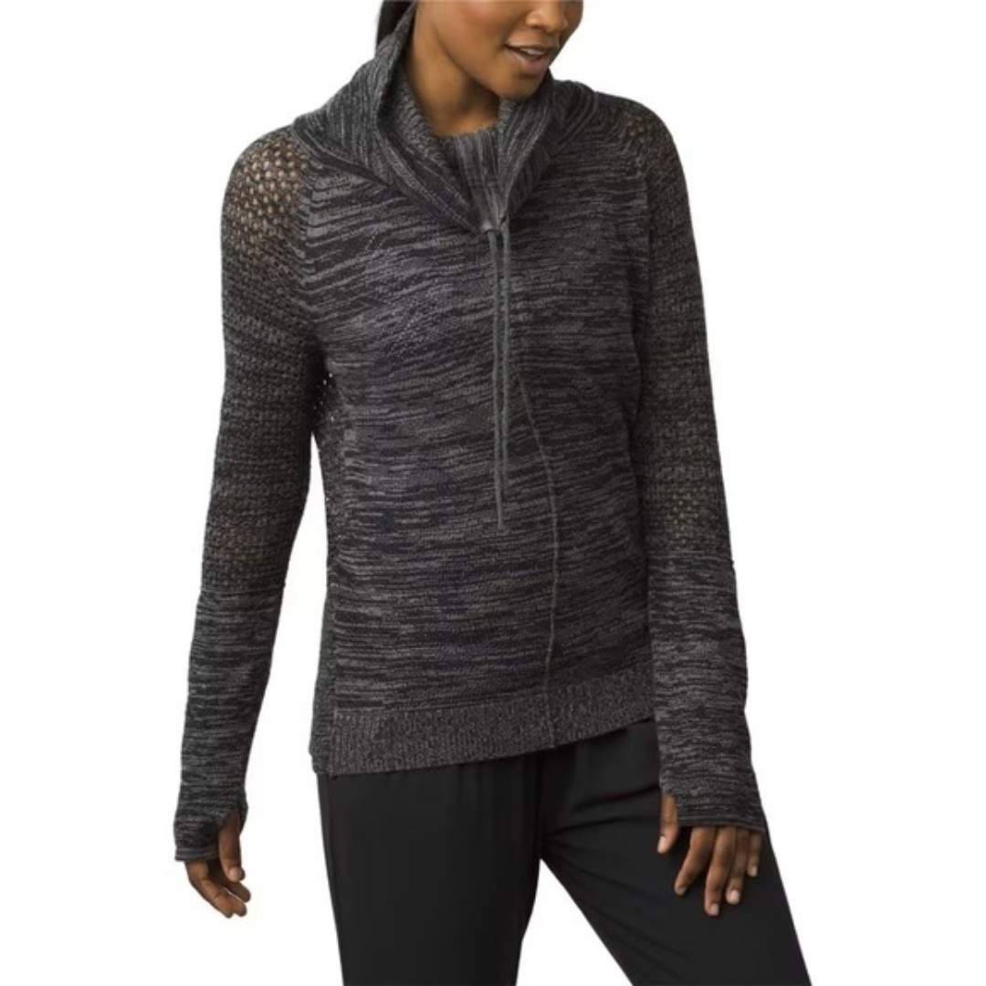 Prana Ceder Open Knit Wool Organic Cotton Blend Cowl Neck Sweater Gray Size XS
