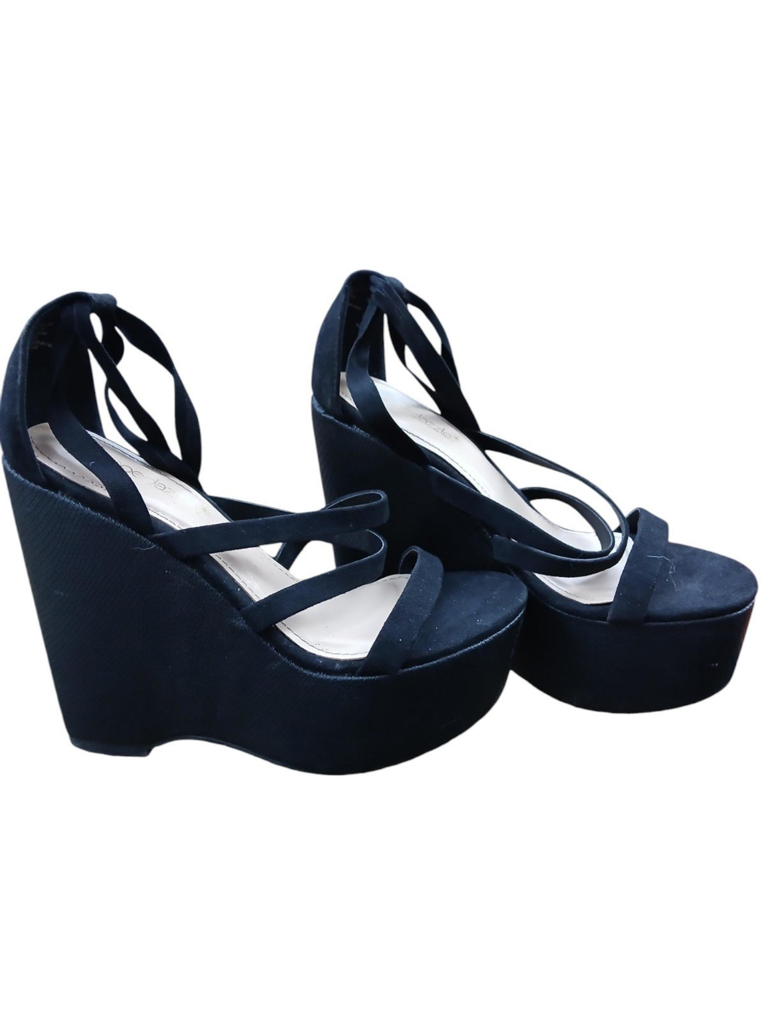 Shoe Dazzel Summer Swaid Black Heeled Wedged Sandals
