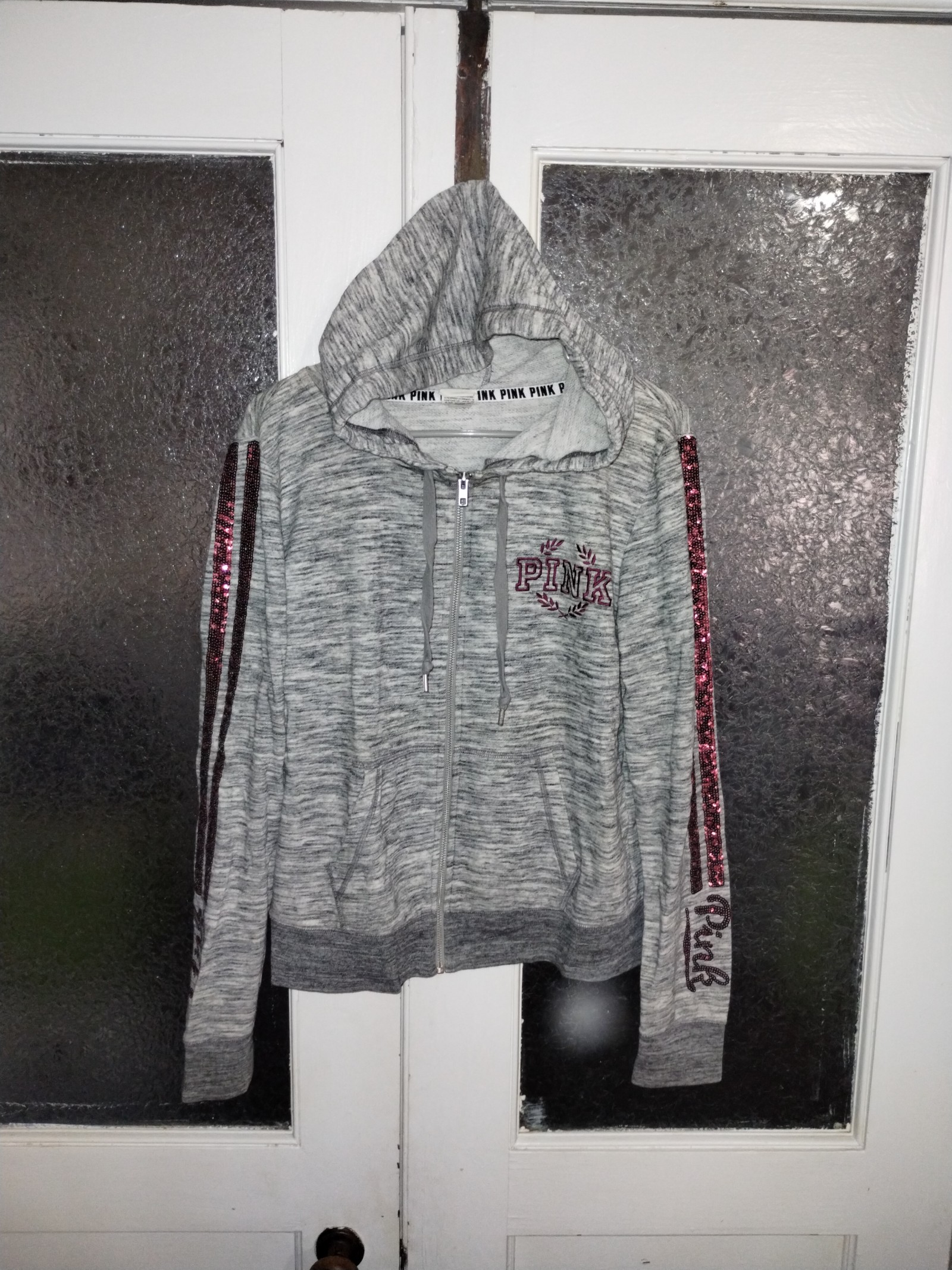 PINK Grey and Burgundy Sequin Full Zip Sweater size Large