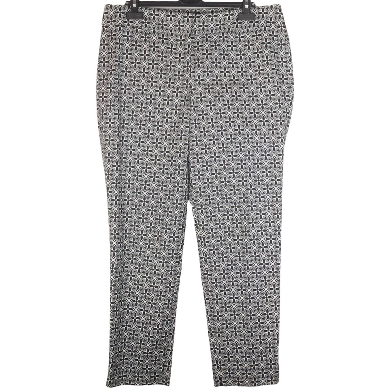 Talbots Hampshire Mid Rise Straight Leg Pants Black White Print Cotton Size 14