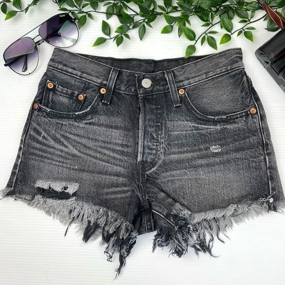 Levi's 501 high rise distressed raw hem Button-Fly Shorts Slashed Black 24
