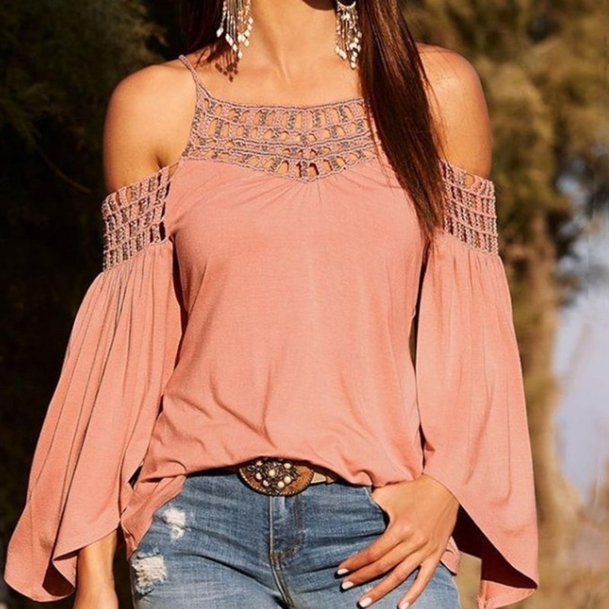 Boston Proper XS Blush Pink Top Crochet Cold Shoulder Bell Sleeve Boho Fest Y2K