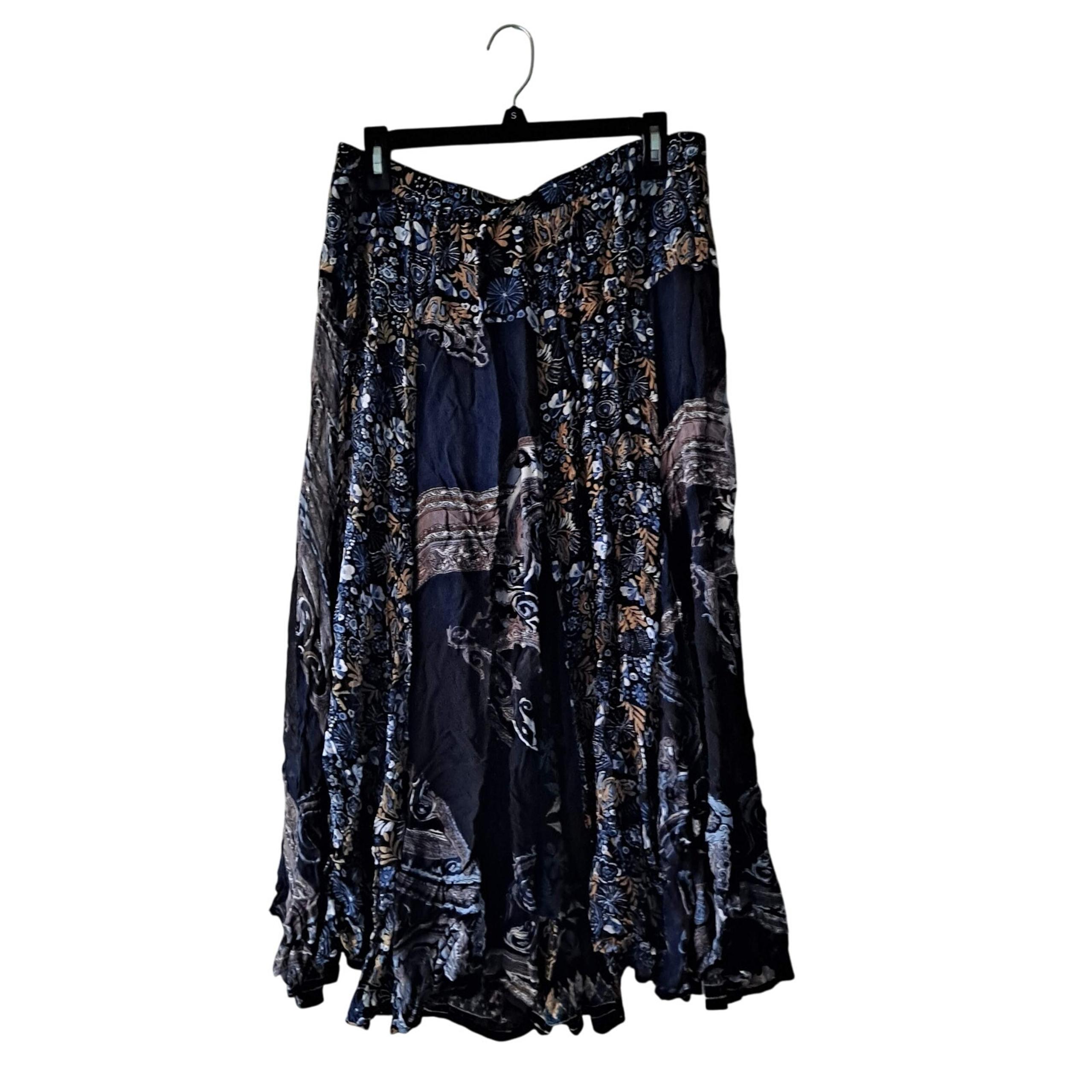 Coldwater Creek Full Skirt Mixed Print Embroidered A-Line Maxi Blue Black Size M