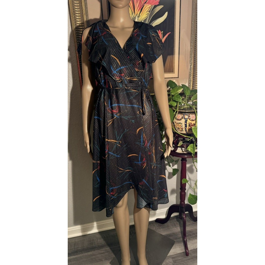 VTG 1970s Wrap Dress Sheer Black Multicolor geometric Layered Beach Wear 11