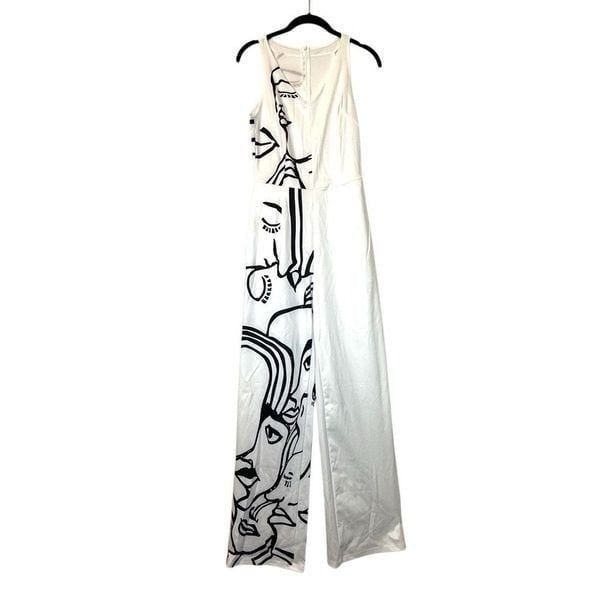 NWT Summer Street Sleeveless Faces Print V-neck Jumpsuit White Small