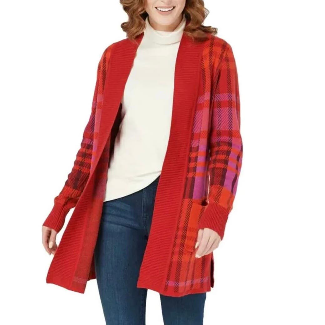 Isaac Mizrahi Live Plaid Jacquard Open Cardigan Sweater Coat 1X