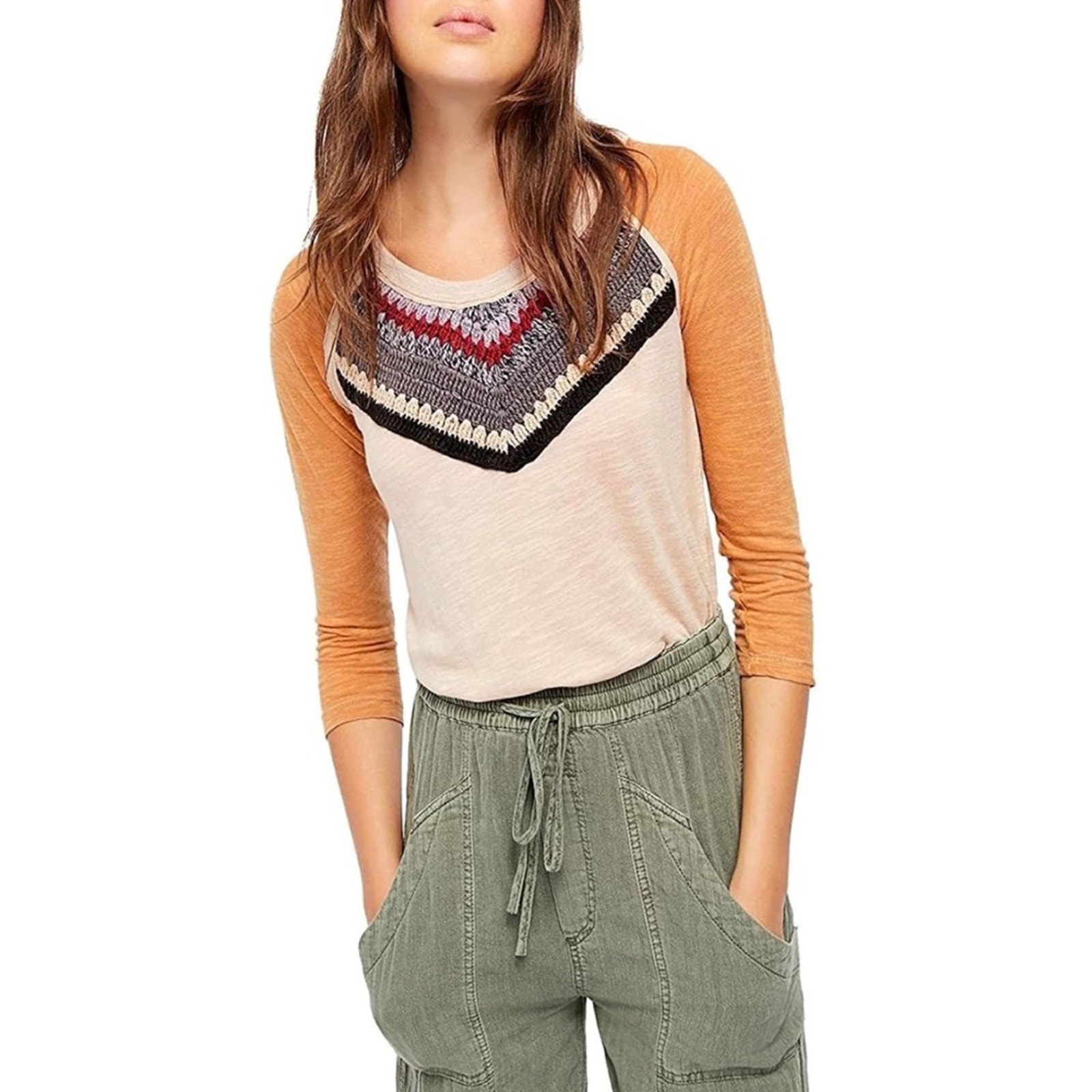 Free People Spring Bound Crochet Detail Top in Calm Sand Combo Size S