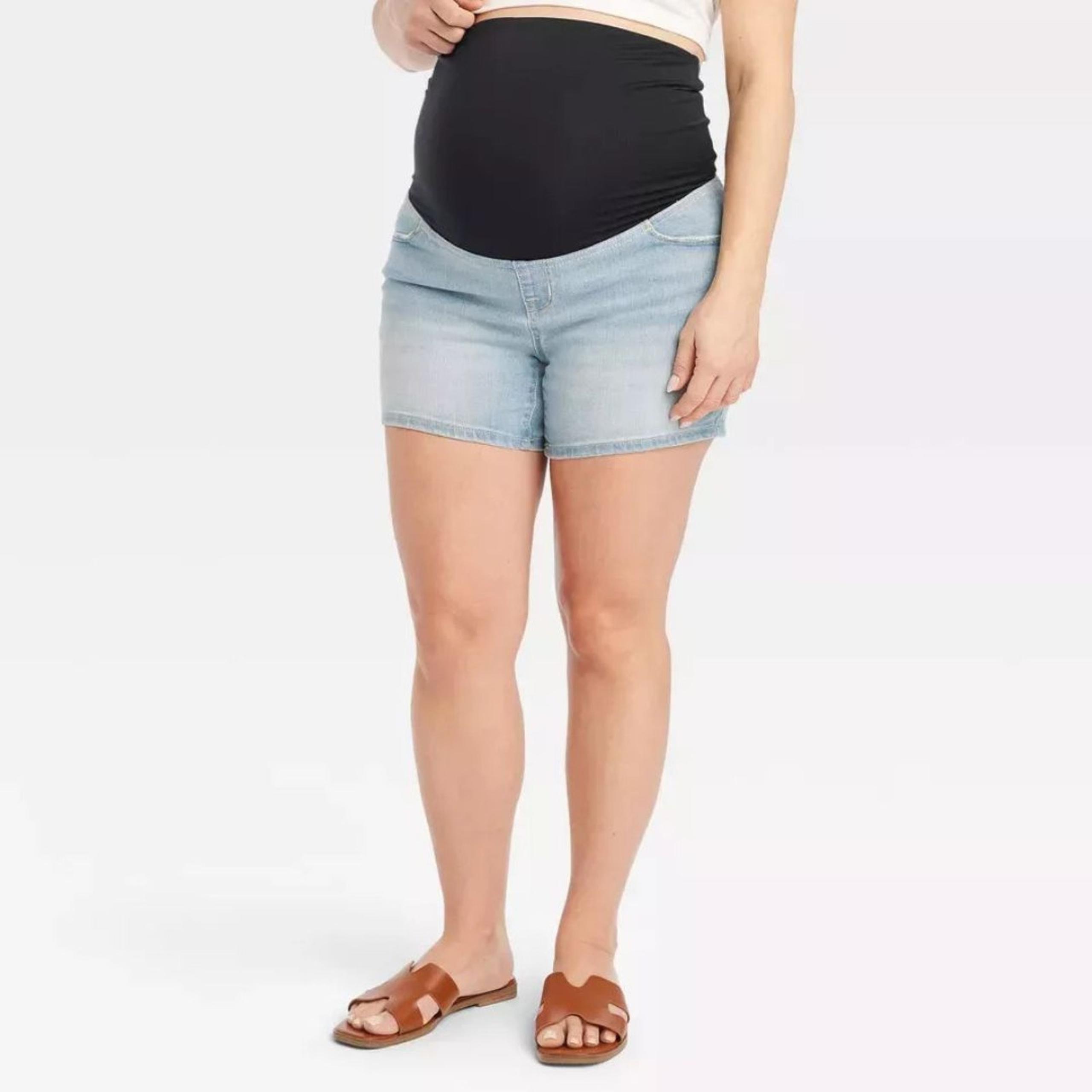 Isabel Maternity Woman's Over Belly Midi Maternity Jean Shorts Light Wash 2